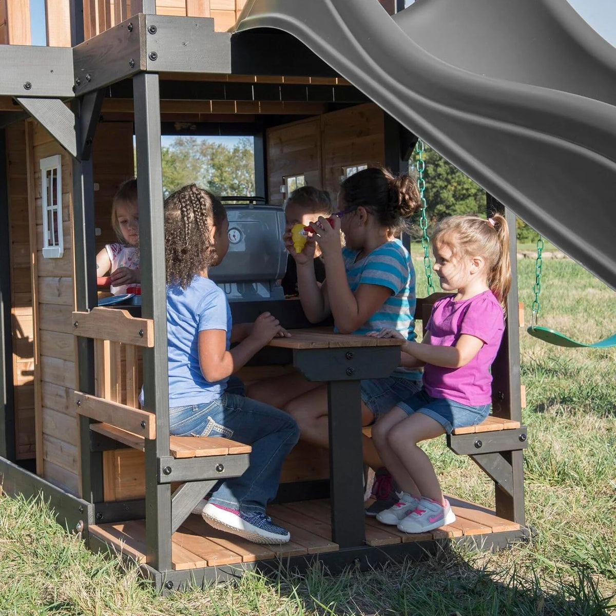 Backyard Discovery Canyon Creek Cedar Wood Swing Set with Wave Slide, Clubhouse, Play Kitchen, Picnic Area, Belt Swings, Web Swing, Rock Wall, Balconies, Playhouse, Step Ladder, Outdoor Playset
