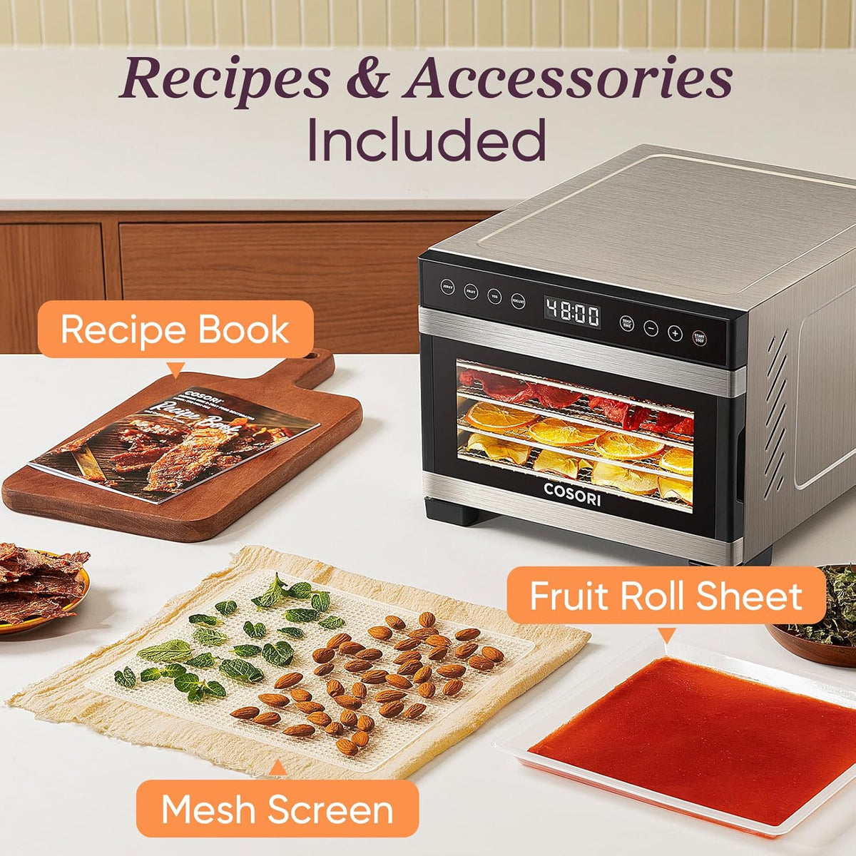COSORI Food Dehydrator Bigger Than 7 Trays With Large 6.5" Drying Space 600W Power