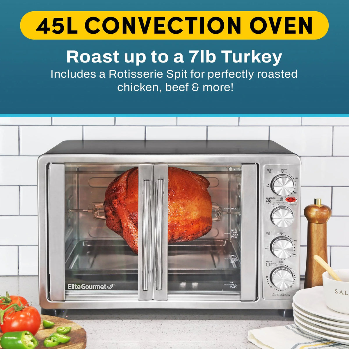 Elite Gourmet 47.5Qt, 18-Slice Convection Oven 4-Control Knobs