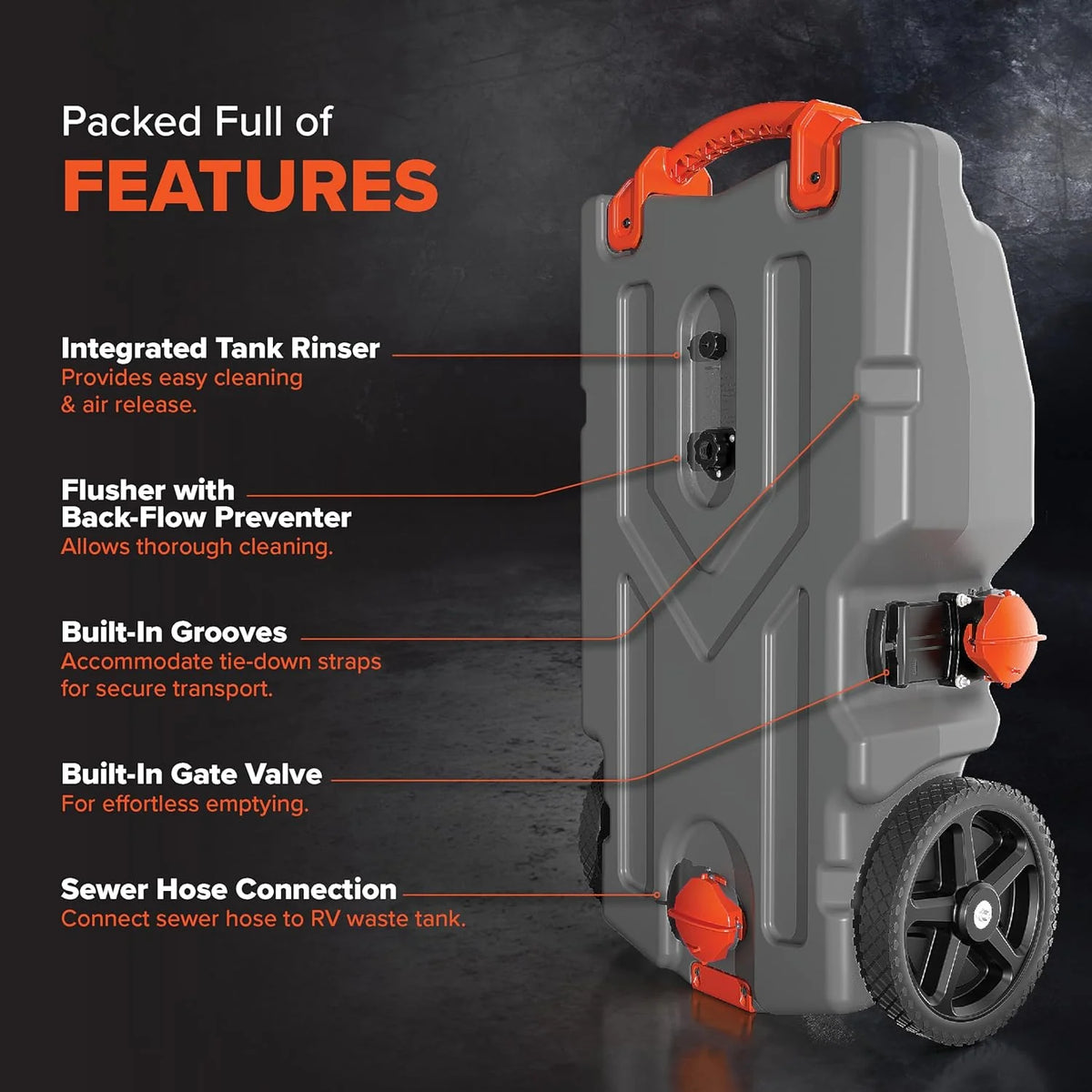36-Gallon Portable Camper / RV Tote Tank - Features Large Heavy-Duty No-Flat Wheels & Built-In Gate Valve - Removable Steel Tow Adapter, 3 ?RV Sewer Hose & More RV Accessories (39006)