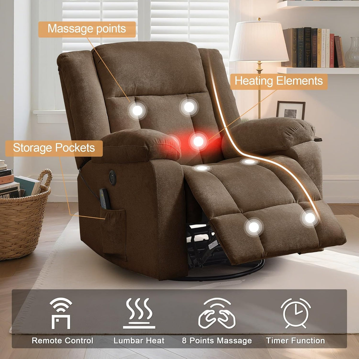 Rocker Recliner, Glider Recliner Chairs for Adults, 360° Swivel Rocking Chair with Massage and Heating, Nursery Chair with Storage and USB Charging for Living Room, Bedroom, Nursery