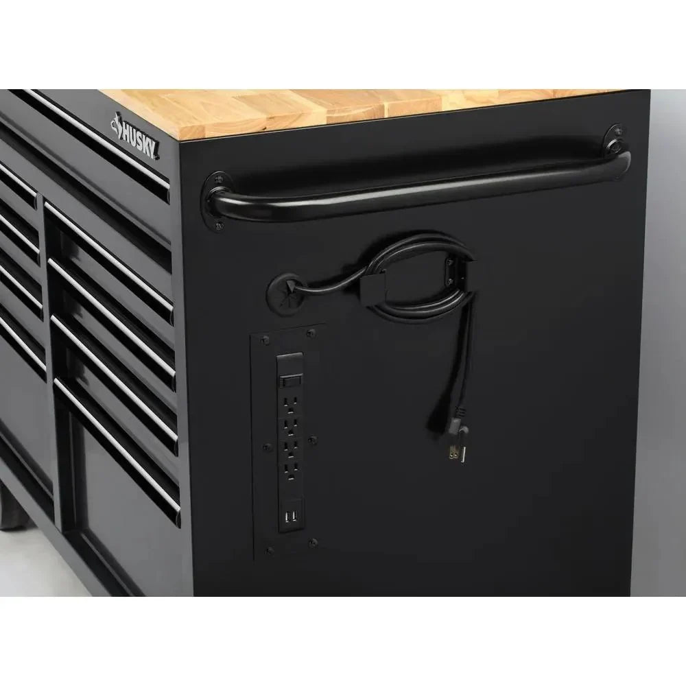 Mobile workbench with 9 drawers, hardwood top and power connection, 117 cm W x 62 cm D C high-gloss black