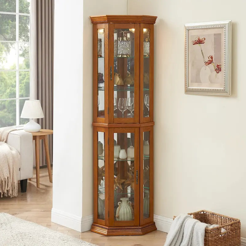 Corner Curio Cabinet with Lights, Adjustable Tempered Glass Shelves, Mirrored Back, Display Cabinet