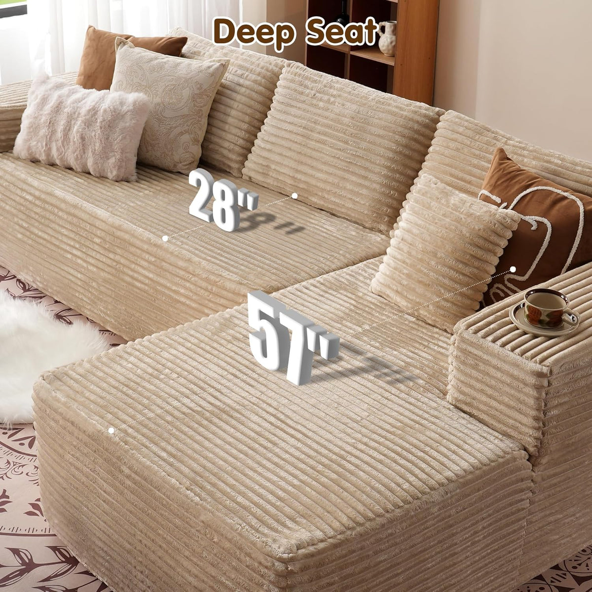 ovios 104" Cloud Sectional Couch with L-Shape Chaise,Modern Modular Sofa with Deep Seat, Upholstered Couches for Living Room Bedroom,No Assembly Required, Grey (Plush Corduroy Fabric)