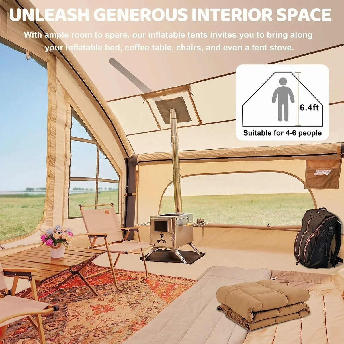 6 Person Inflatable Camping Tent with Pump, 10ft x7ft Glamping Family Tent Easy Setup 4 Season Waterproof Windproof Outdoor Blow Up Tent Luxury Oxford Cabin with Mesh Windows &amp; Doors sgtnighsdesigns