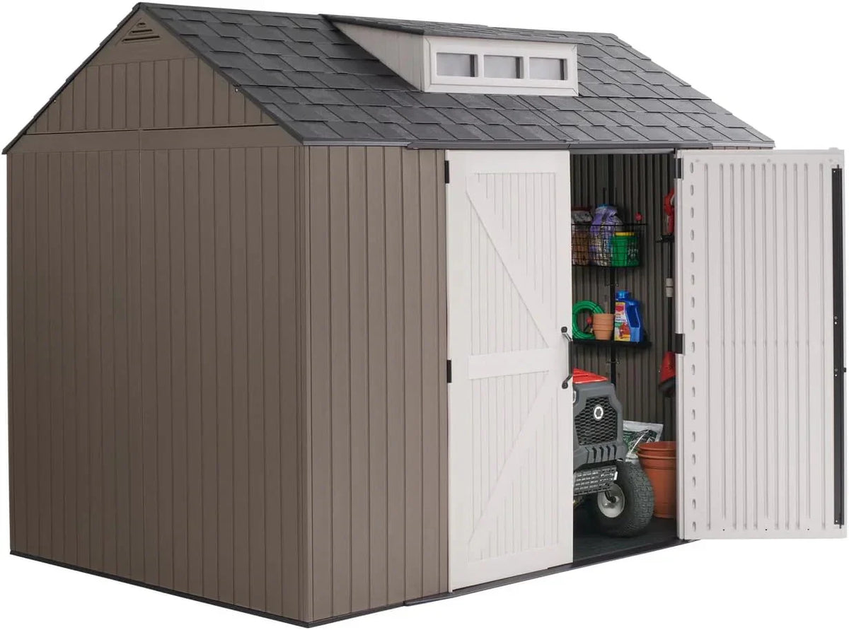 Rubbermaid resin garden shed with floor (2.13 x 2.13 m), weatherproof, grey, for storing garden tools, lawnmowers, bicycles and pool accessories
