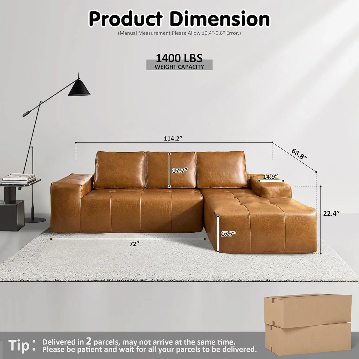 ovios 104" Cloud Sectional Couch with L-Shape Chaise,Modern Modular Sofa with Deep Seat, Upholstered Couches for Living Room Bedroom,No Assembly Required, Grey (Plush Corduroy Fabric)