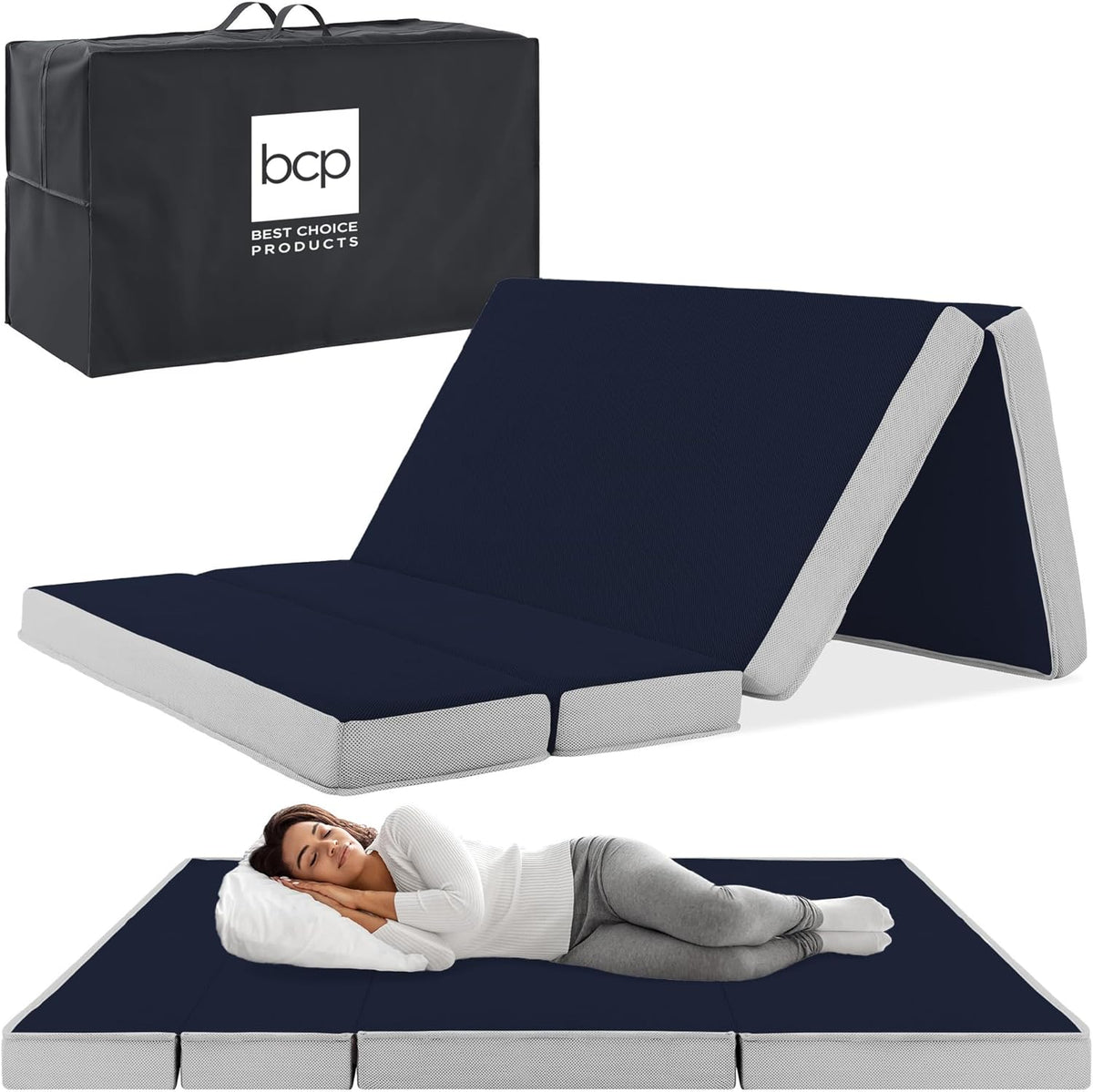 Best Choice Products 4in Portable Queen-Size Mattress, Tri-Fold Mattress for Camping, Guest, Toddler, Foam Plush w/Carry Case - Grey