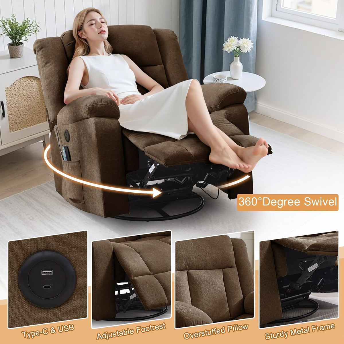 Rocker Recliner, Glider Recliner Chairs for Adults, 360° Swivel Rocking Chair with Massage and Heating, Nursery Chair with Storage and USB Charging for Living Room, Bedroom, Nursery