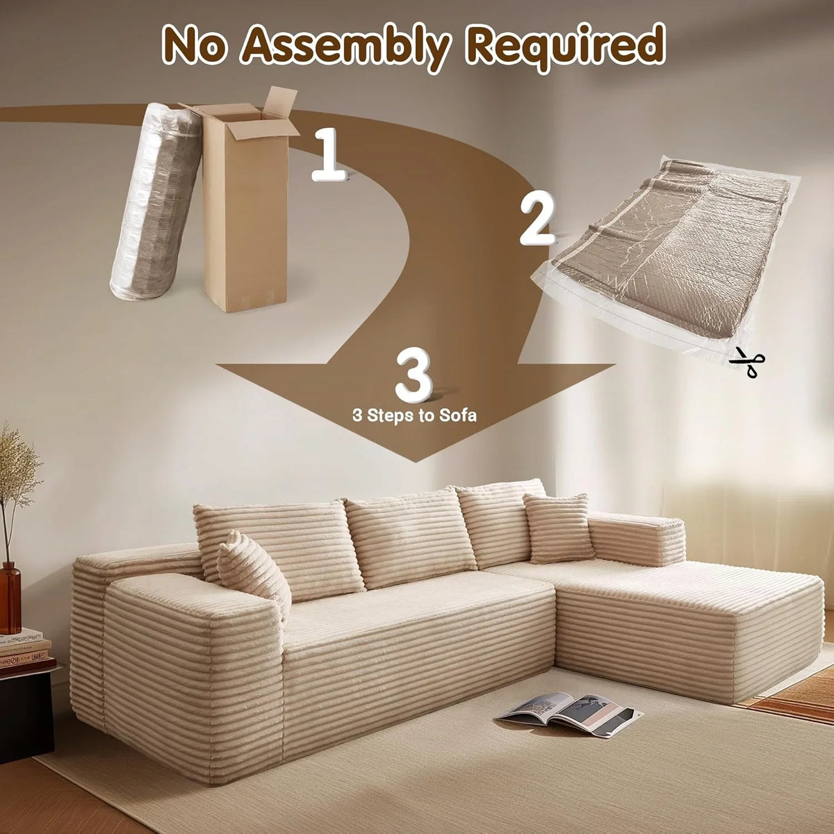 ovios 104" Cloud Sectional Couch with L-Shape Chaise,Modern Modular Sofa with Deep Seat, Upholstered Couches for Living Room Bedroom,No Assembly Required, Grey (Plush Corduroy Fabric)