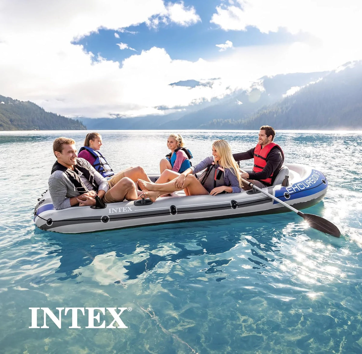 Excursion Inflatable Boat Series: Includes Deluxe 54in Boat Oars and High-Output Pump – SuperTough PVC – Adjustable Seats with Backrest – Fishing Rod Holders – Welded Oar Locks
