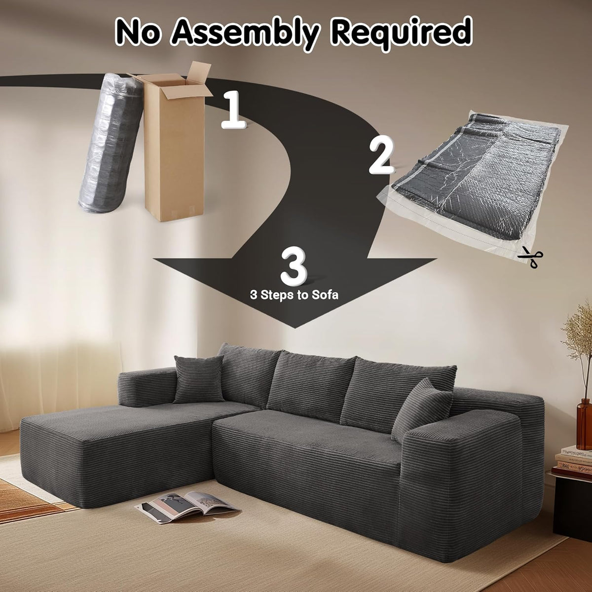 ovios 104" Cloud Sectional Couch with L-Shape Chaise,Modern Modular Sofa with Deep Seat, Upholstered Couches for Living Room Bedroom,No Assembly Required, Grey (Plush Corduroy Fabric)