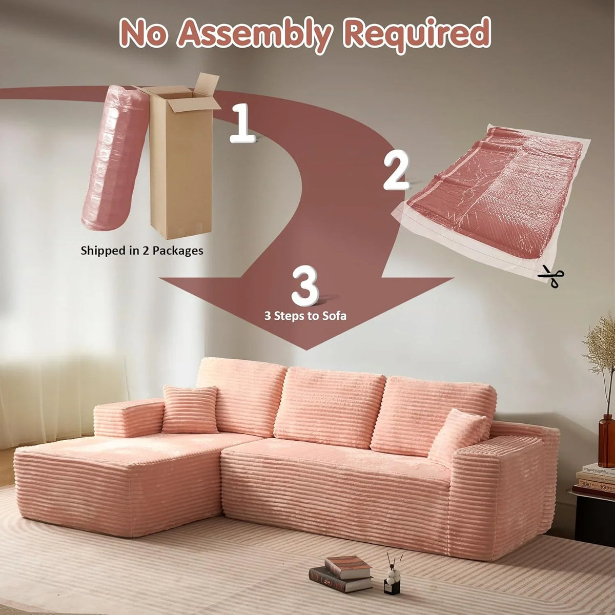 ovios 104" Cloud Sectional Couch with L-Shape Chaise,Modern Modular Sofa with Deep Seat, Upholstered Couches for Living Room Bedroom,No Assembly Required, Grey (Plush Corduroy Fabric)