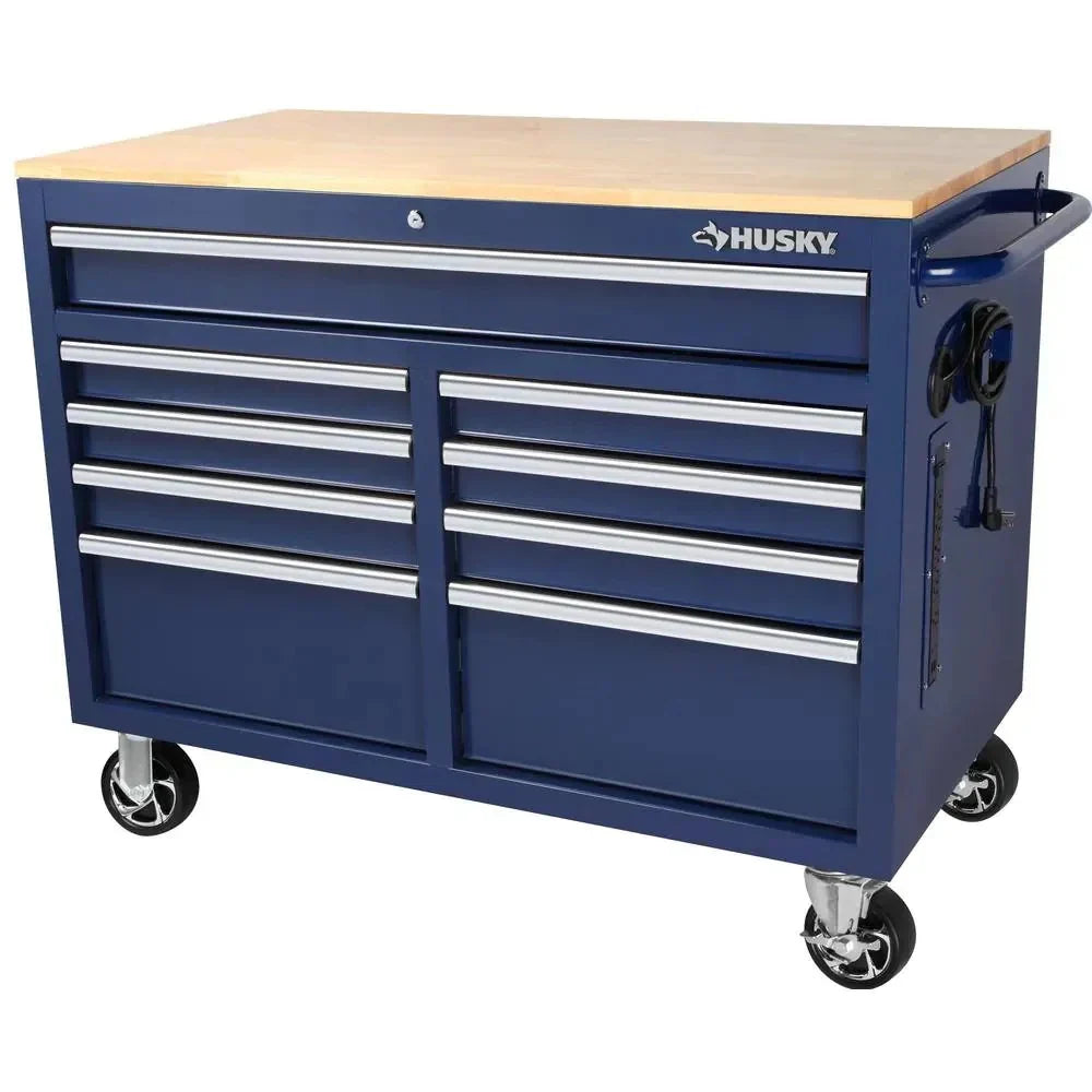 Mobile workbench with 9 drawers, hardwood top and power connection, 117 cm W x 62 cm D C high-gloss black