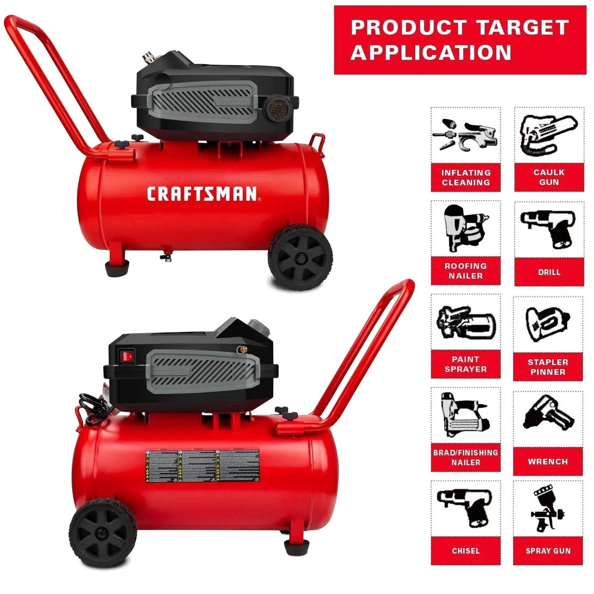 CRAFTSMAN HARD Air Compressor, 10 Gallon 1.8 HP 175 PSI, 4.0CFM@90PSI, Oil Free and Maintenance Free, Portable with Large Wheels, CMXECXA0201041
