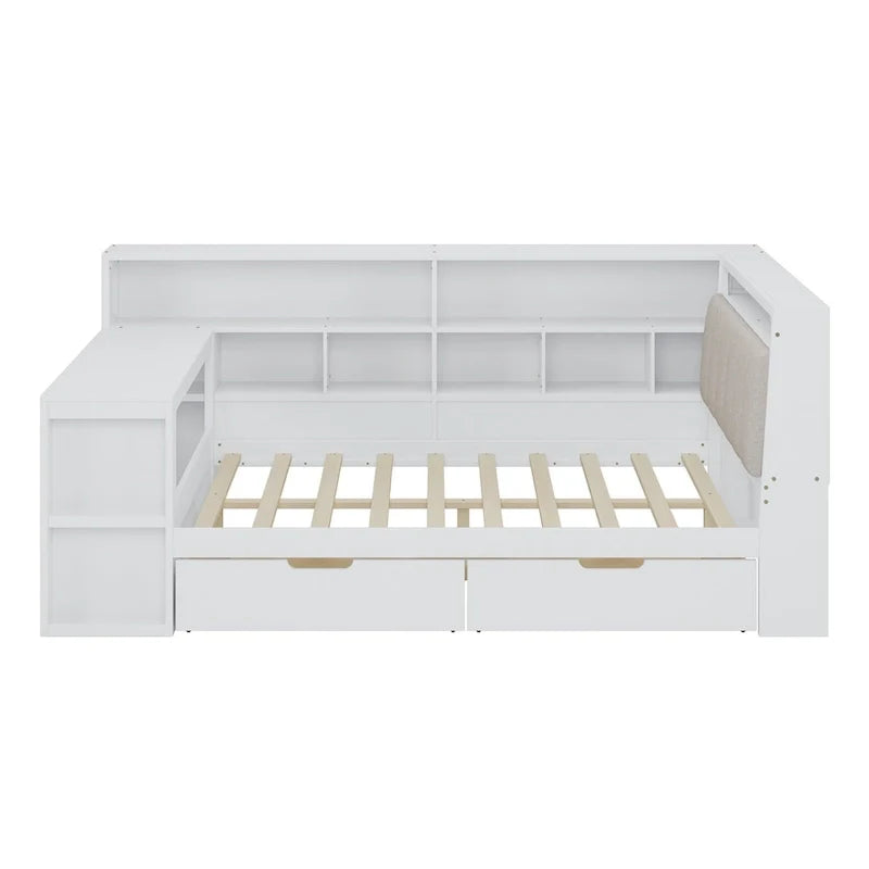 L-shaped Wooden Sofa Daybed with Desk, Bookcase Cabinet, Corner Bed with Under-bed Drawers, Upholstered Headboard Built-in Light