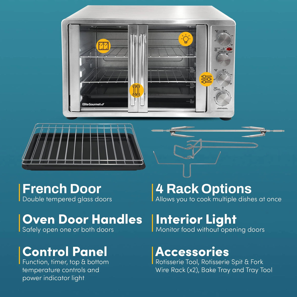 Elite Gourmet 47.5Qt, 18-Slice Convection Oven 4-Control Knobs