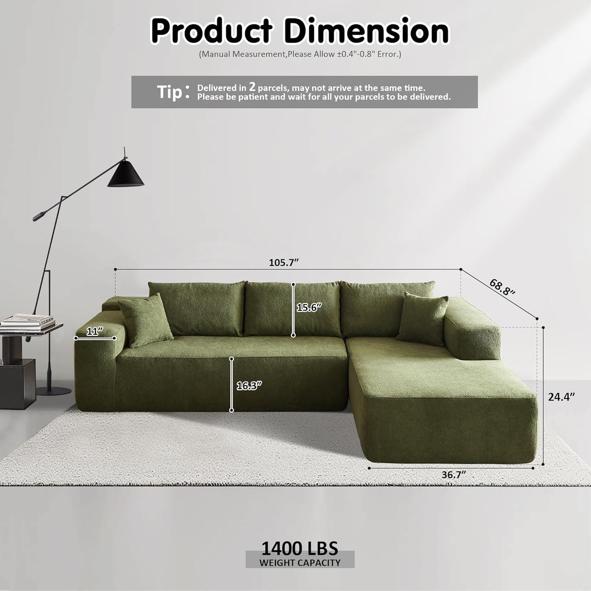 ovios 104" Cloud Sectional Couch with L-Shape Chaise,Modern Modular Sofa with Deep Seat, Upholstered Couches for Living Room Bedroom,No Assembly Required, Grey (Plush Corduroy Fabric)