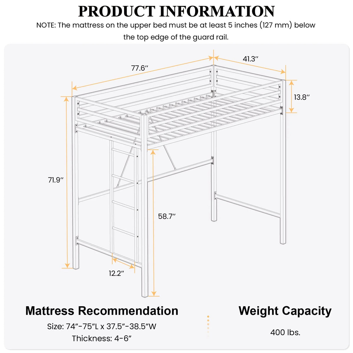 SHA CERLIN Junior Loft Bed Twin Size Heavy Duty Twin Bed Frame
