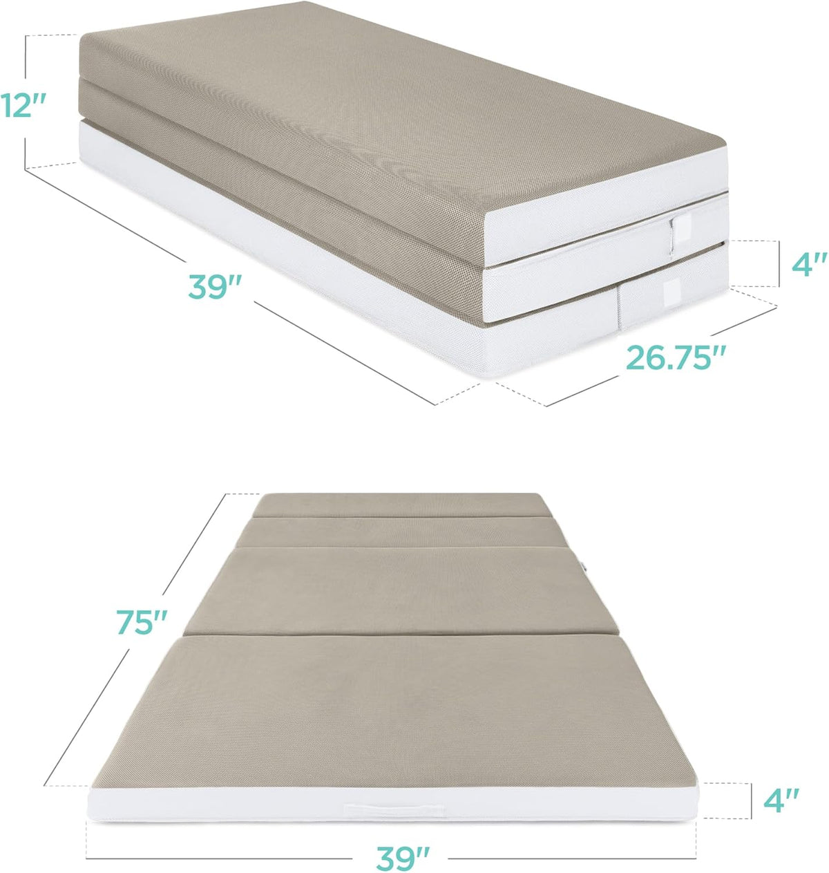 Best Choice Products 4in Portable Queen-Size Mattress, Tri-Fold Mattress for Camping, Guest, Toddler, Foam Plush w/Carry Case - Grey