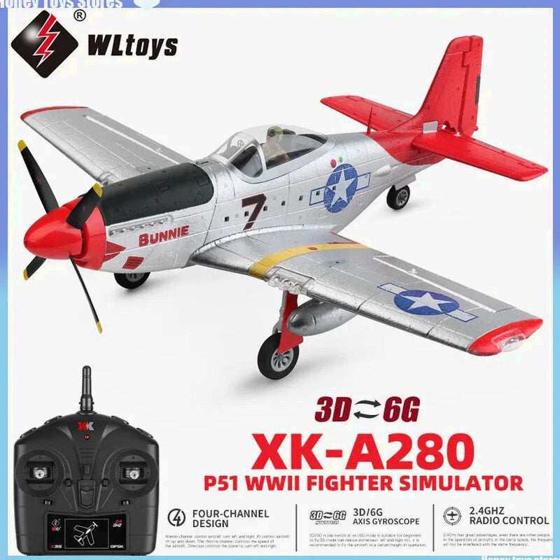 A280 RC Plane 2.4G 4CH 3D6G Mode Aircraft P51 Fighter Simulator with LED Searchlight RC Airplane Toys for Children