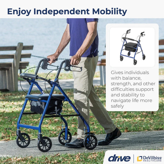 Drive Medical 4-Wheel Rollator Walker, Foldable, Padded Seat & Backrest, 6-Inch Wheels, Blue