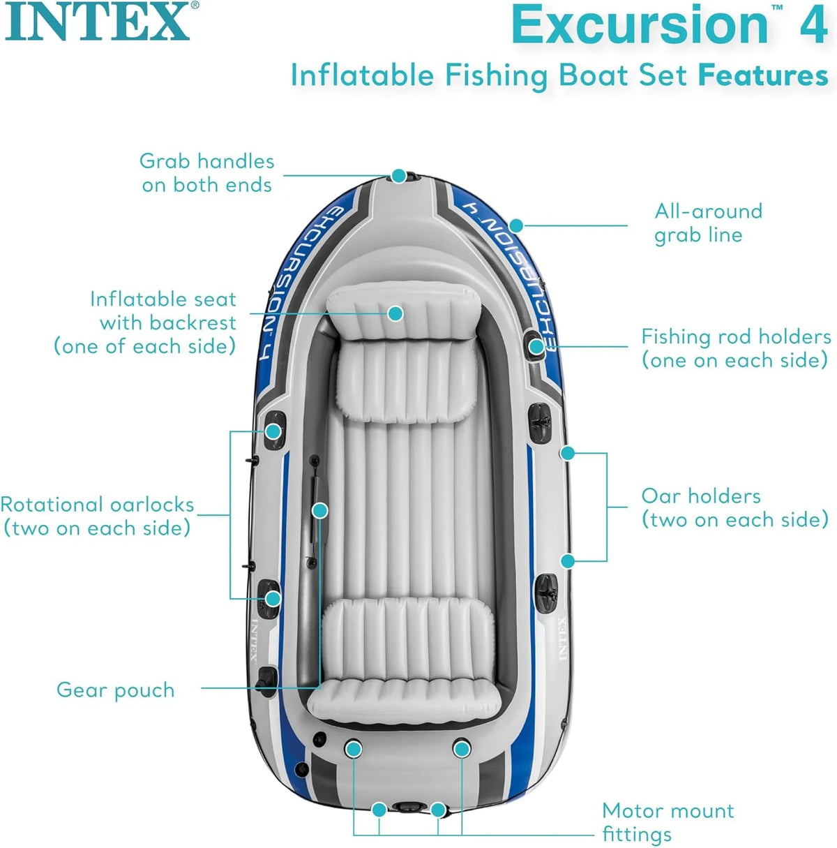Excursion Inflatable Boat Series: Includes Deluxe 54in Boat Oars and High-Output Pump – SuperTough PVC – Adjustable Seats with Backrest – Fishing Rod Holders – Welded Oar Locks