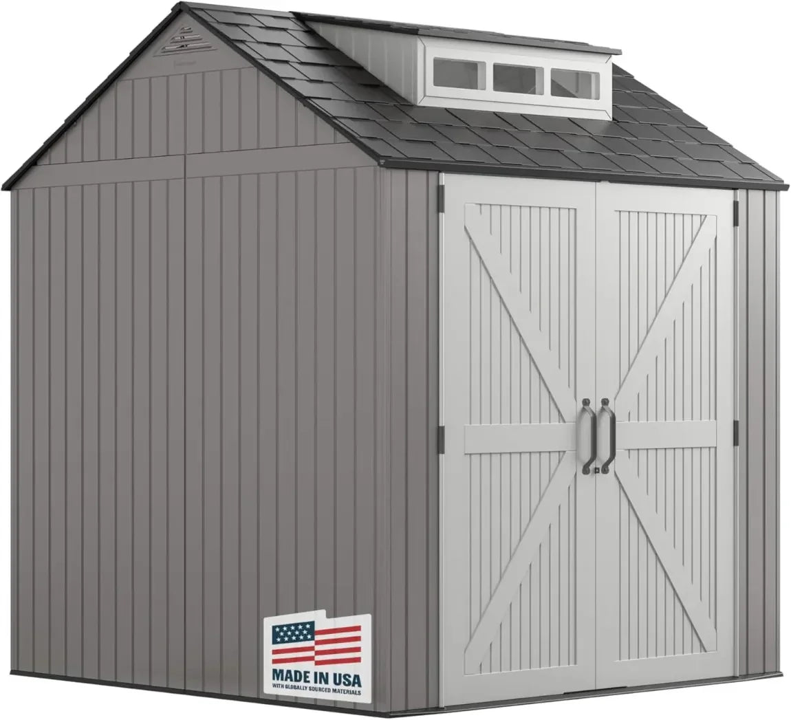 Rubbermaid resin garden shed with floor (2.13 x 2.13 m), weatherproof, grey, for storing garden tools, lawnmowers, bicycles and pool accessories