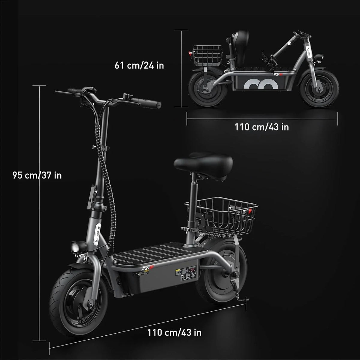 iScooter electric scooter with seat, 37/21 mile range, 28/19/15.6 mph top speed, dual suspension scooter with basket
