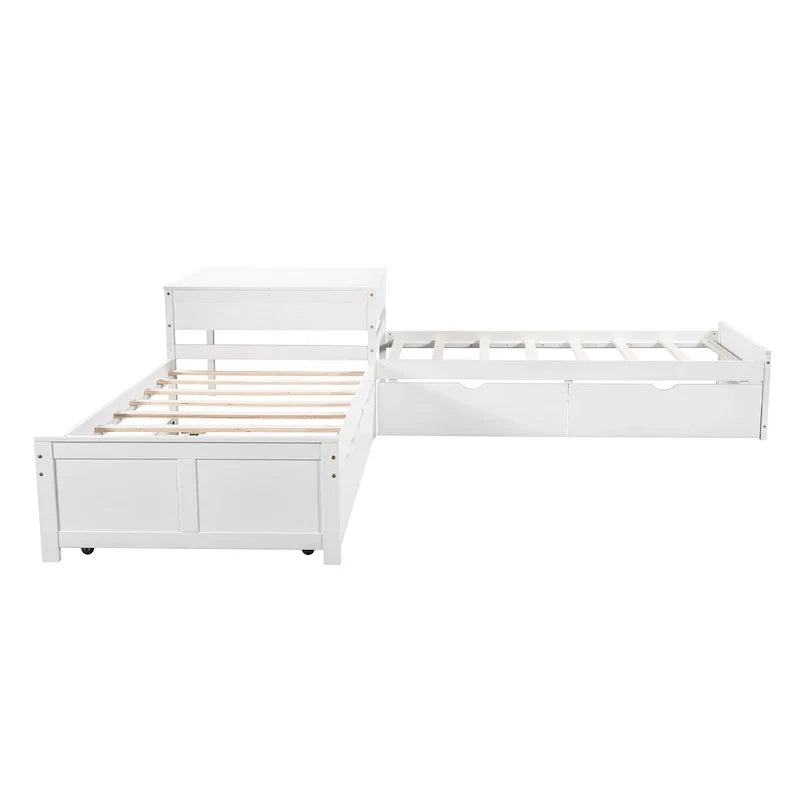 White Modern Twin Size L-shaped Platform Bed with Trundle and Drawers for Bedroom