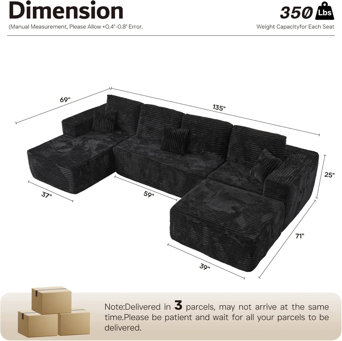 ovios 104" Cloud Sectional Couch with L-Shape Chaise,Modern Modular Sofa with Deep Seat, Upholstered Couches for Living Room Bedroom,No Assembly Required, Grey (Plush Corduroy Fabric)