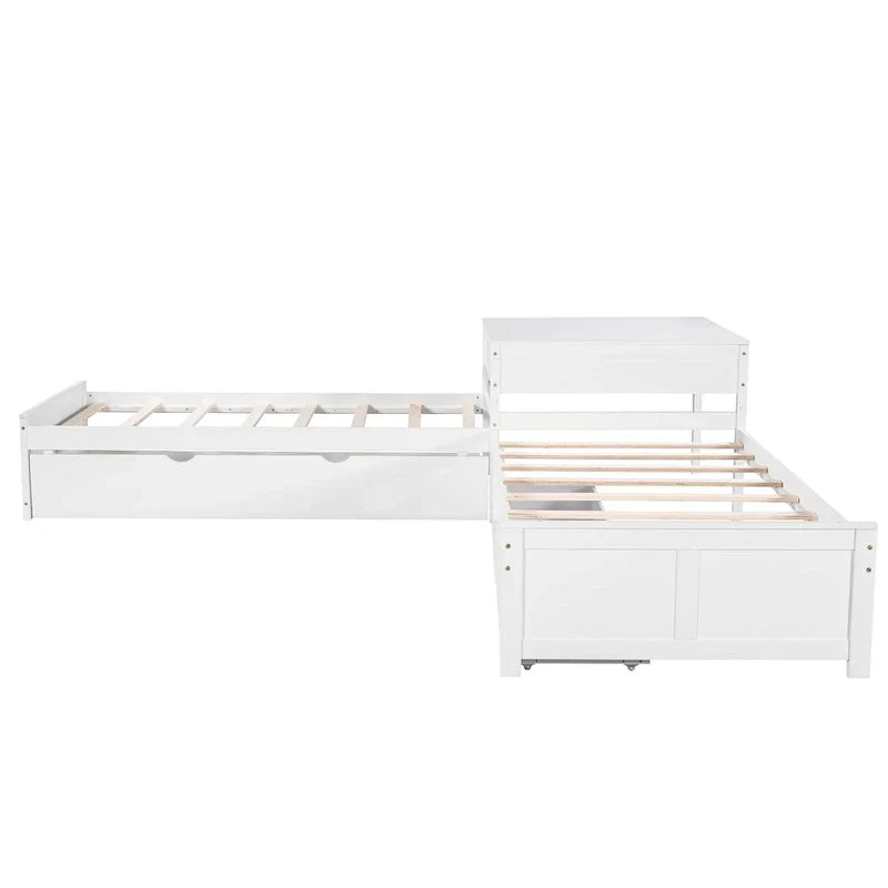 White Modern Twin Size L-shaped Platform Bed with Trundle and Drawers for Bedroom