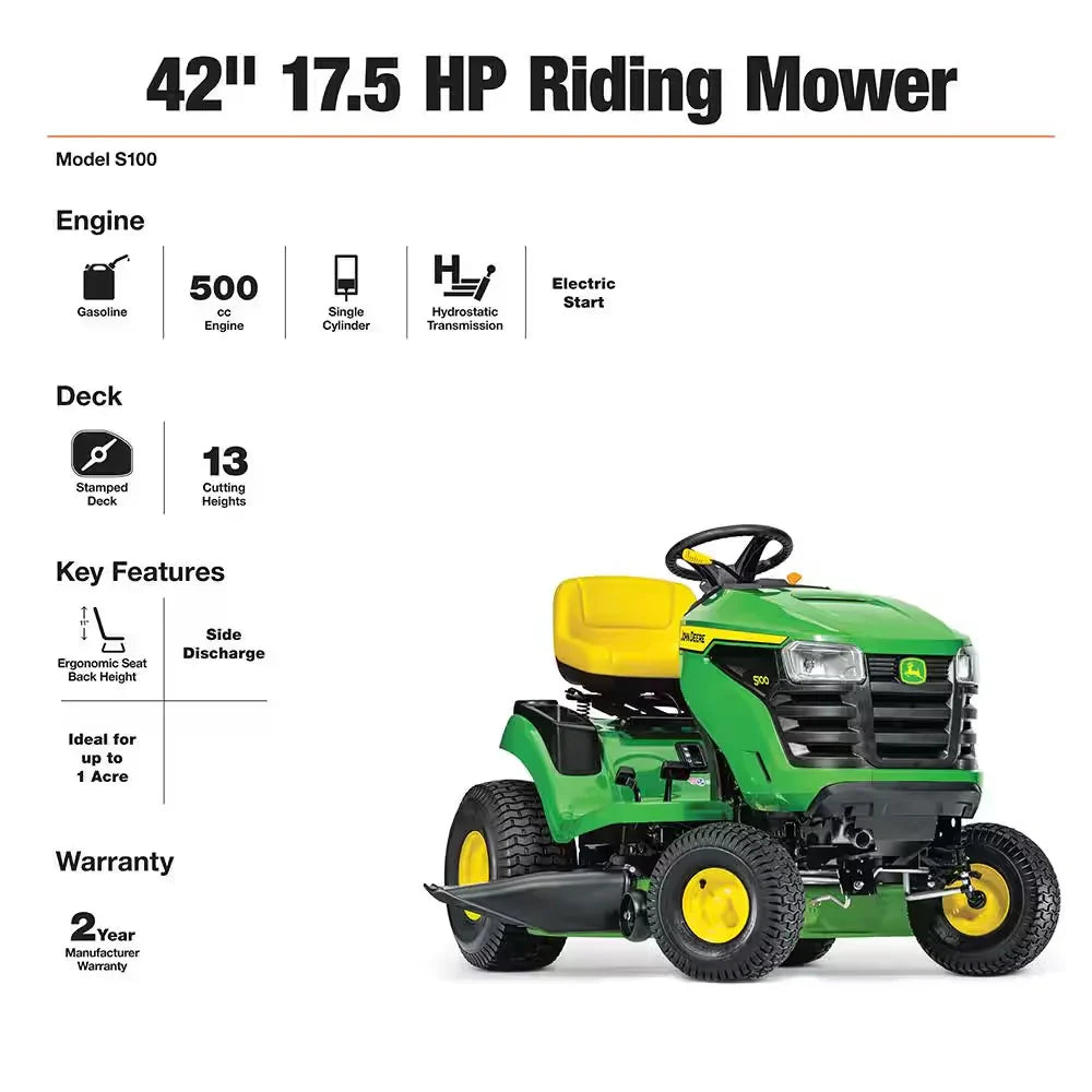 John Deere S100 ride-on lawnmower, 107 cm (42 inch) cutting width C 17.5 hp petrol hydrostatic drive