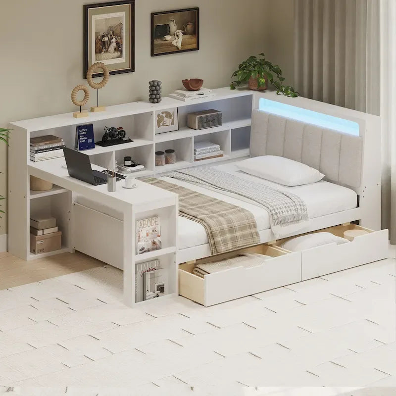 L-shaped Wooden Sofa Daybed with Desk, Bookcase Cabinet, Corner Bed with Under-bed Drawers, Upholstered Headboard Built-in Light