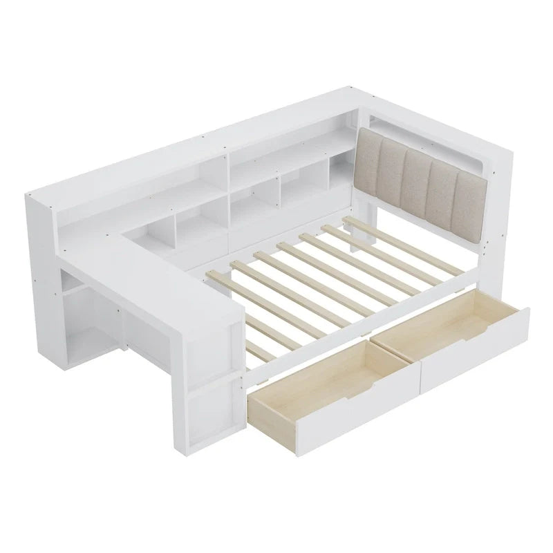 L-shaped Wooden Sofa Daybed with Desk, Bookcase Cabinet, Corner Bed with Under-bed Drawers, Upholstered Headboard Built-in Light