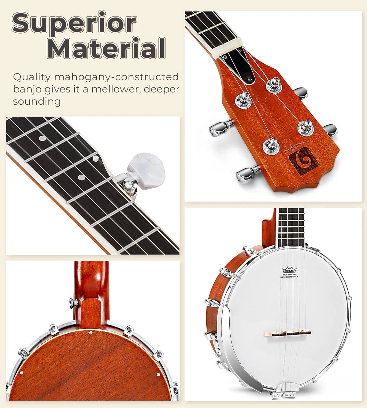 String Banjo 26 Inch MINI Travel Banjo Banjo Beginner Kit with Remo Head Open Back & Closed Solid Back with beginner Kit Comfortable Carrying Bag