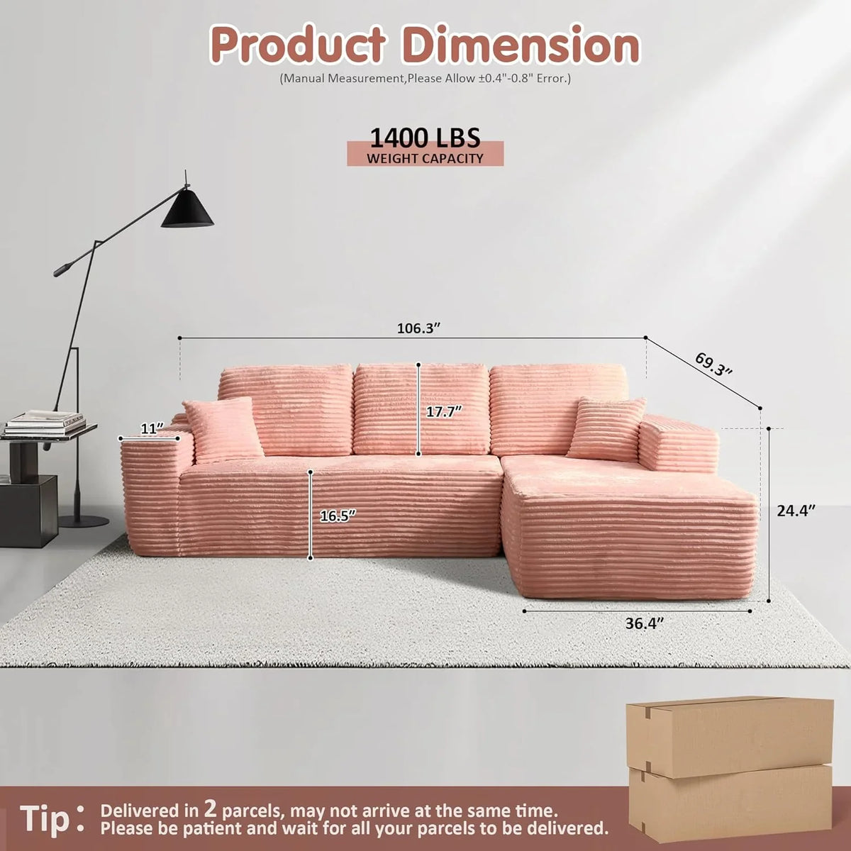ovios 104" Cloud Sectional Couch with L-Shape Chaise,Modern Modular Sofa with Deep Seat, Upholstered Couches for Living Room Bedroom,No Assembly Required, Grey (Plush Corduroy Fabric)