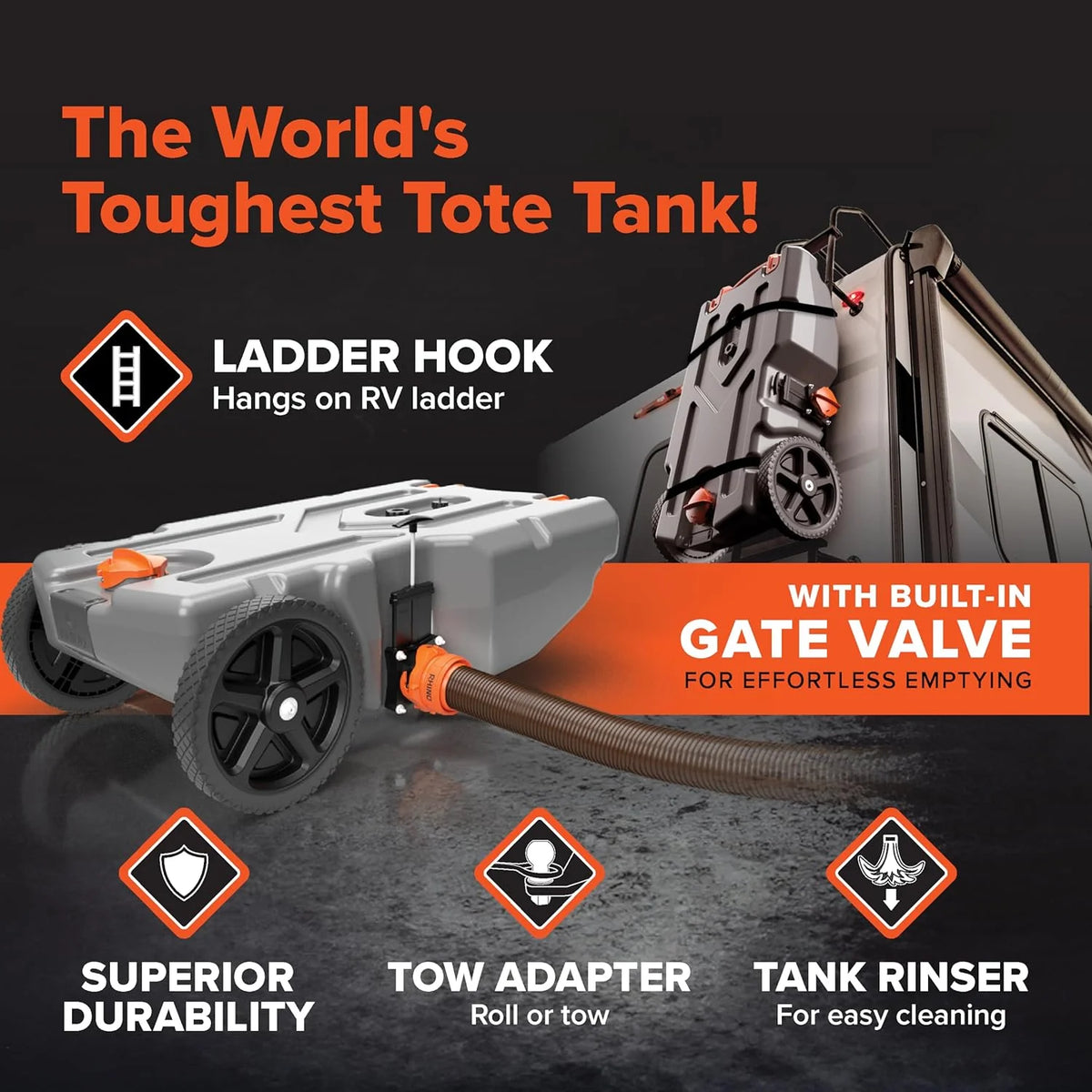 36-Gallon Portable Camper / RV Tote Tank - Features Large Heavy-Duty No-Flat Wheels & Built-In Gate Valve - Removable Steel Tow Adapter, 3 ?RV Sewer Hose & More RV Accessories (39006)