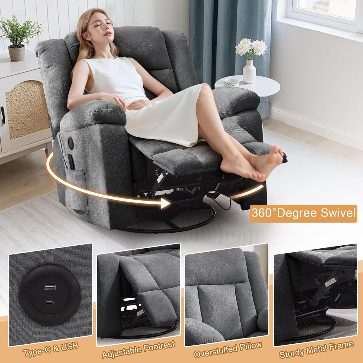 Rocker Recliner, Glider Recliner Chairs for Adults, 360° Swivel Rocking Chair with Massage and Heating, Nursery Chair with Storage and USB Charging for Living Room, Bedroom, Nursery
