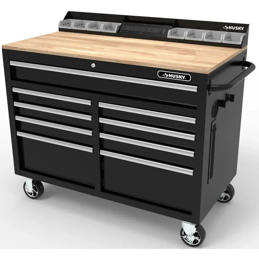 Mobile workbench with 9 drawers, hardwood top and power connection, 117 cm W x 62 cm D C high-gloss black