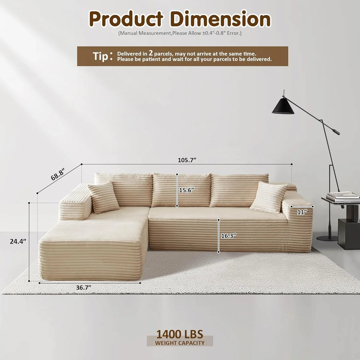 ovios 104" Cloud Sectional Couch with L-Shape Chaise,Modern Modular Sofa with Deep Seat, Upholstered Couches for Living Room Bedroom,No Assembly Required, Grey (Plush Corduroy Fabric)