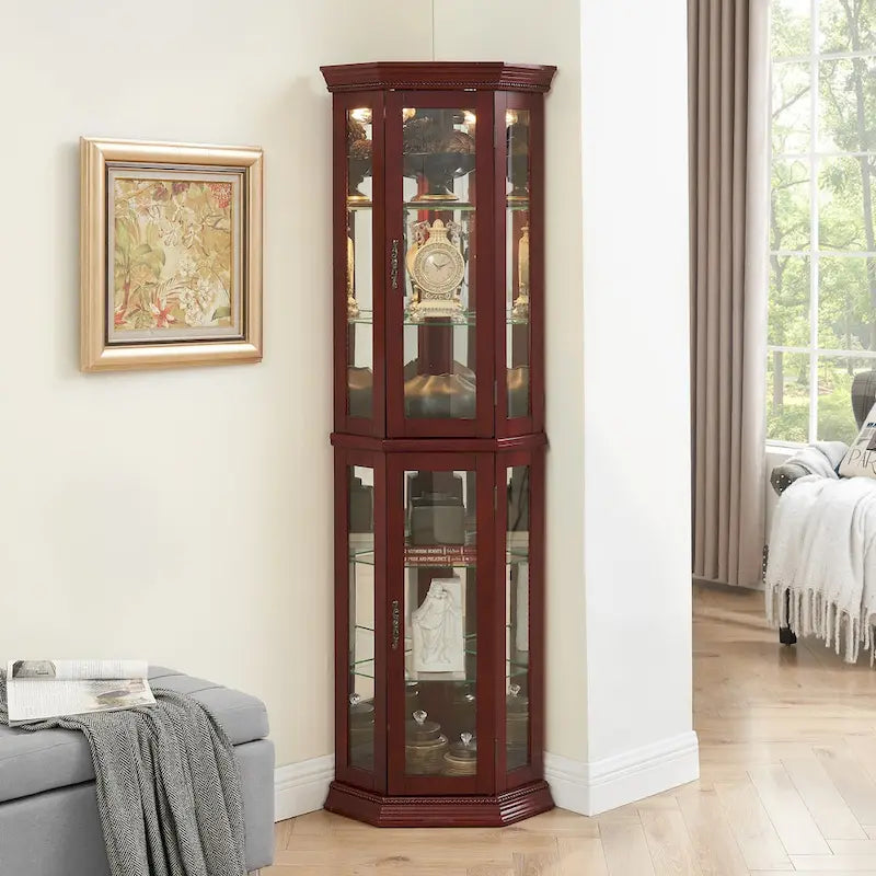 Corner Curio Cabinet with Lights, Adjustable Tempered Glass Shelves, Mirrored Back, Display Cabinet