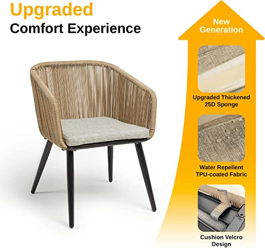Patio Furniture Set 3-Piece Outside Bistro Set Handwoven Rattan Wicker Chairs with Waterproof Cushions Tempered Glass Table Outdoor Conversation Set for Porch Brown & Light Grey