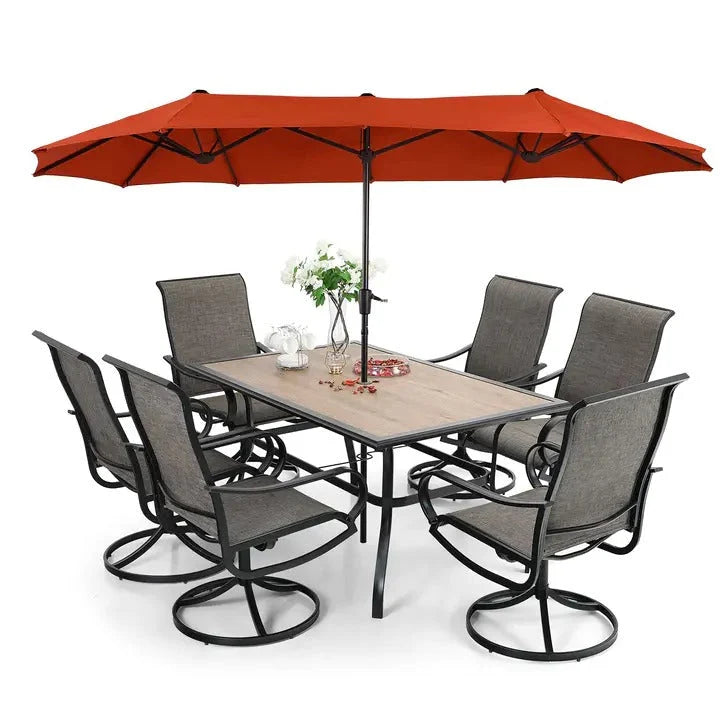 8 Pieces Patio Dining Set with Umbrella,Outdoor Furniture Set with 6 Sling Dining Swivel Chairs