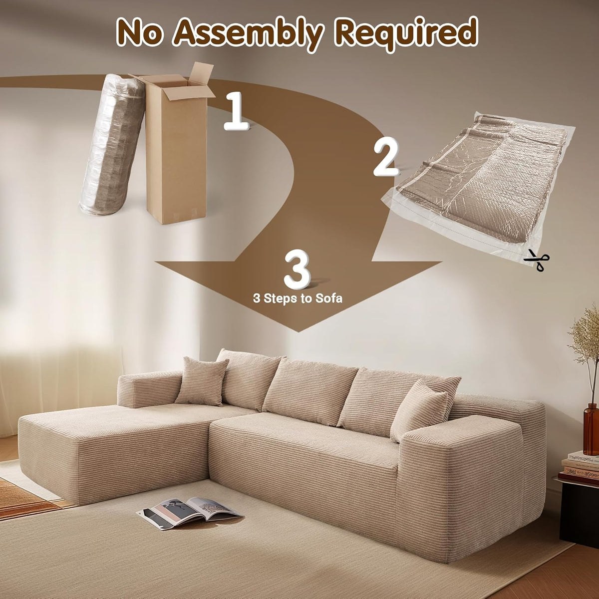 ovios 104" Cloud Sectional Couch with L-Shape Chaise,Modern Modular Sofa with Deep Seat, Upholstered Couches for Living Room Bedroom,No Assembly Required, Grey (Plush Corduroy Fabric)
