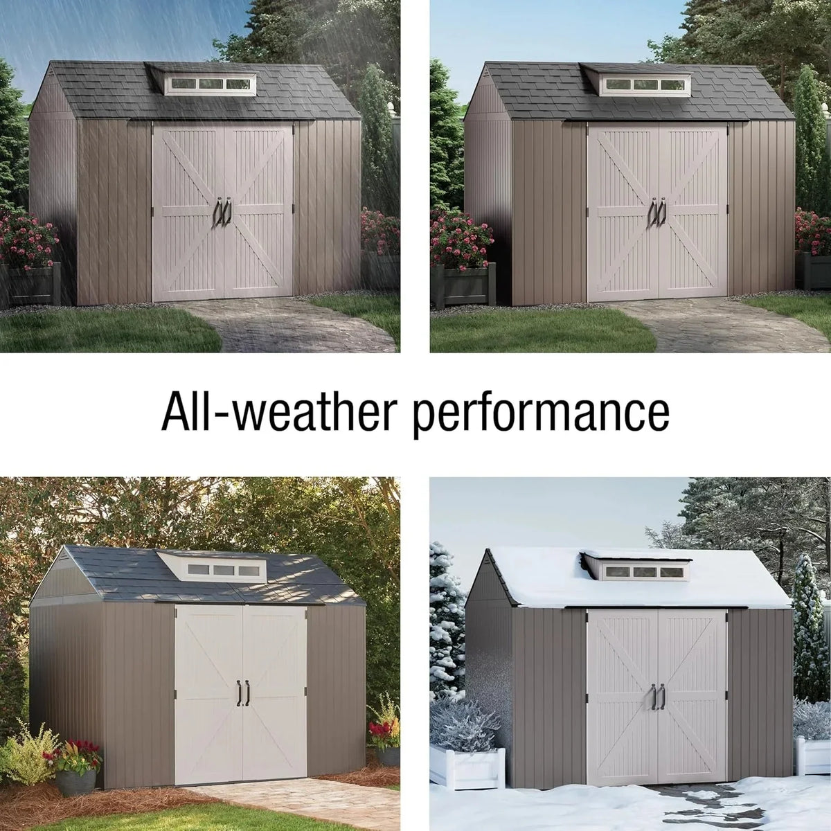 Rubbermaid resin garden shed with floor (2.13 x 2.13 m), weatherproof, grey, for storing garden tools, lawnmowers, bicycles and pool accessories
