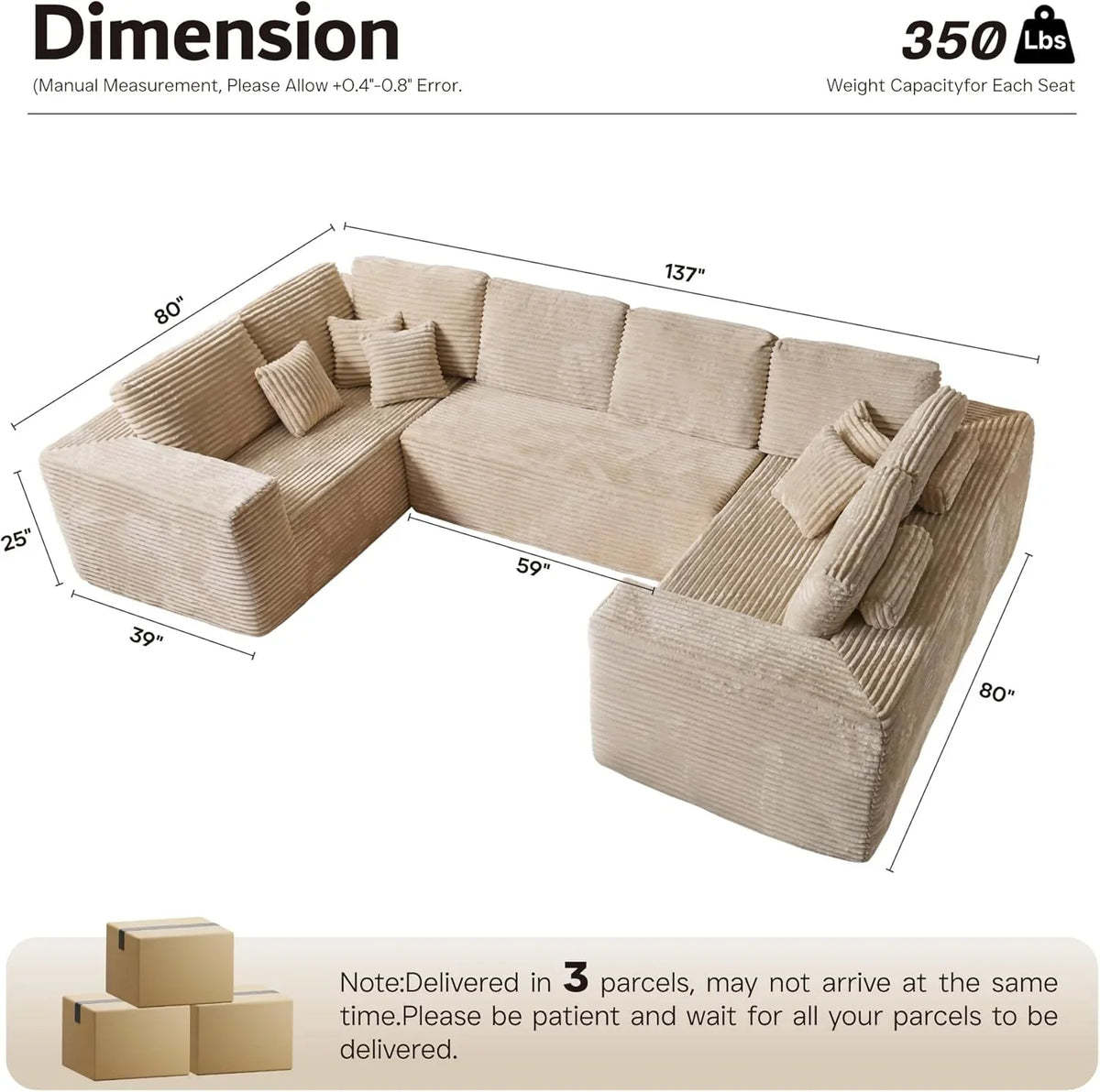ovios 104" Cloud Sectional Couch with L-Shape Chaise,Modern Modular Sofa with Deep Seat, Upholstered Couches for Living Room Bedroom,No Assembly Required, Grey (Plush Corduroy Fabric)