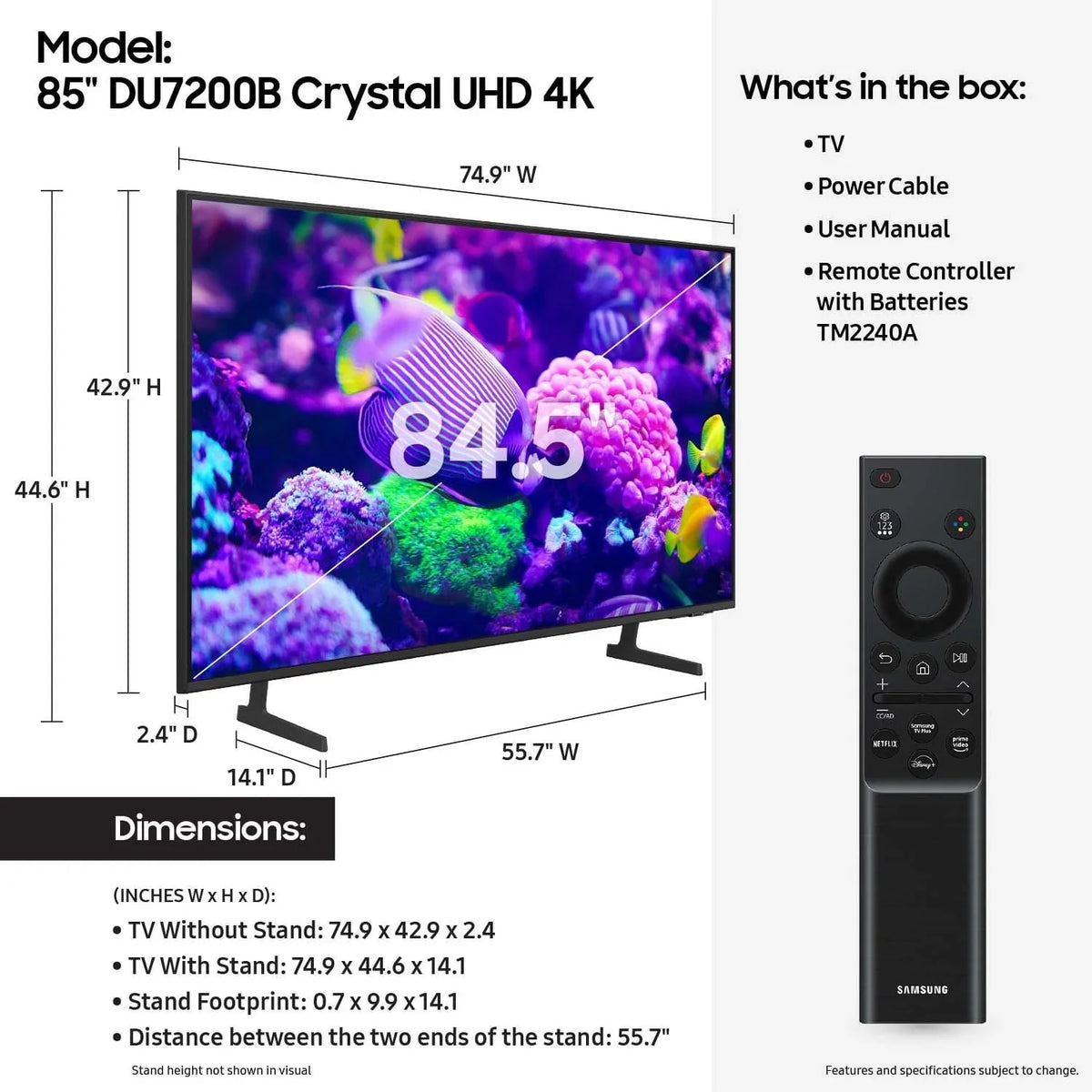 Samsung 85 Crystal UHD 4K Smart TV with PurColor & HDR C DU7200B 2024 Model