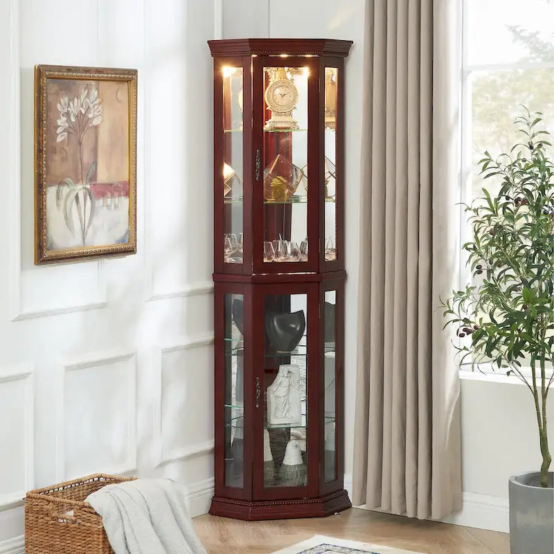 Corner Curio Cabinet with Lights, Adjustable Tempered Glass Shelves, Mirrored Back, Display Cabinet