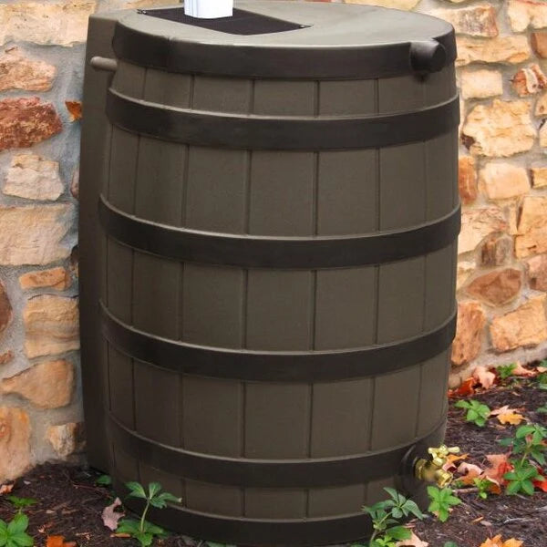 40 Gallon Rain Barrel with Darkened Ribs Oak